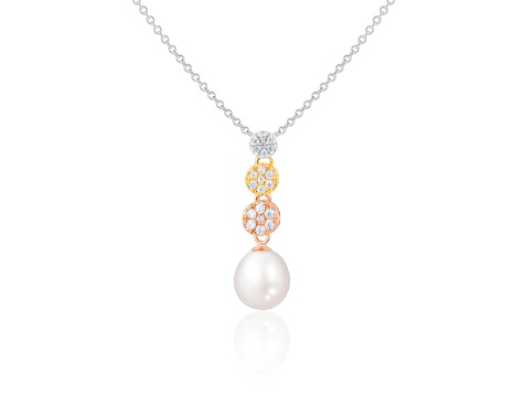 8-9mm Drop White Cultured Freshwater Pearl and CZ 14K Tri-color Gold Over Sterling Silver