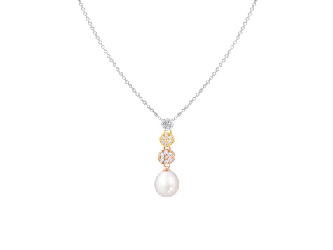 8-9mm Drop White Cultured Freshwater Pearl and CZ 14K Tri-color Gold Over Sterling Silver