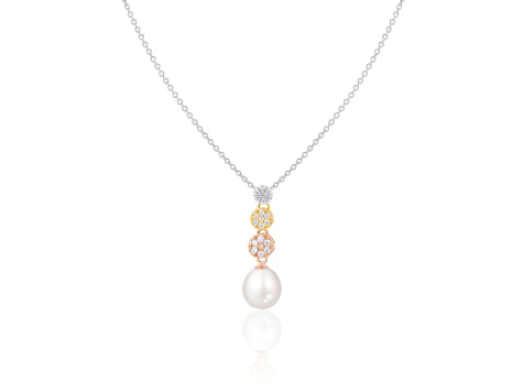 8-9mm Drop White Cultured Freshwater Pearl and CZ 14K Tri-color Gold Over Sterling Silver