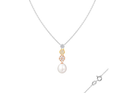 8-9mm Drop White Cultured Freshwater Pearl and CZ 14K Tri-color Gold Over Sterling Silver
