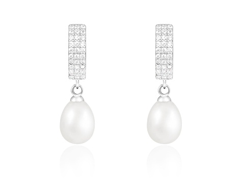 7.5-8mm White Cultured Freshwater Pearl Rhodium Over Sterling Silver Earrings