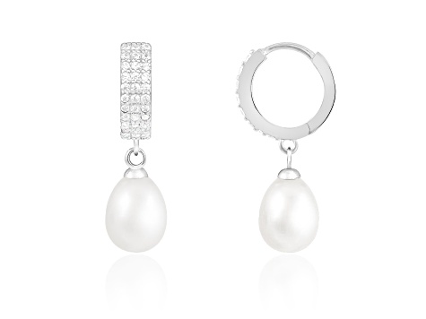 7.5-8mm White Cultured Freshwater Pearl Rhodium Over Sterling Silver Earrings