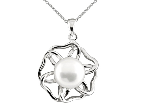 9-10mm Button White Cultured Freshwater Pearl Rhodium Over Sterling Silver Pendant