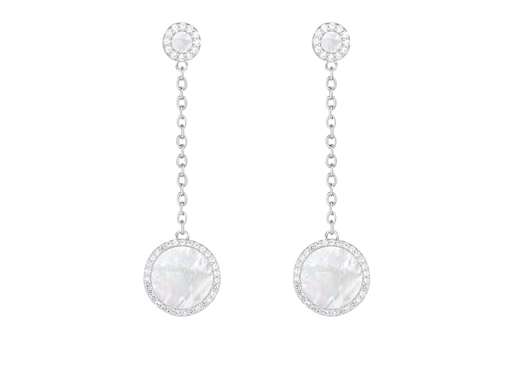 White Cultured Freshwater Pearl MOP and Cubic Zirconia Rhodium Over Sterling Silver Earrings