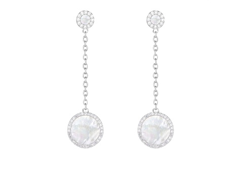 White Cultured Freshwater Pearl MOP and Cubic Zirconia Rhodium Over Sterling Silver Earrings