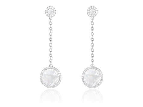 White Cultured Freshwater Pearl MOP and Cubic Zirconia Rhodium Over Sterling Silver Earrings