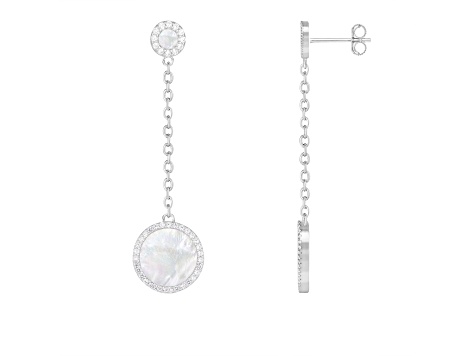 White Cultured Freshwater Pearl MOP and Cubic Zirconia Rhodium Over Sterling Silver Earrings