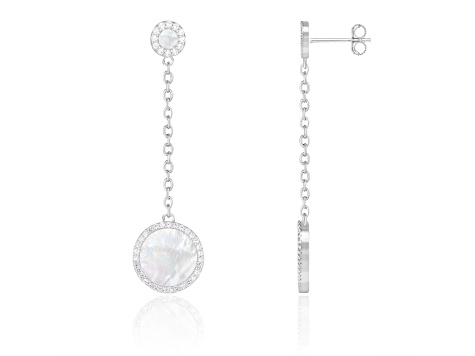 White Cultured Freshwater Pearl MOP and Cubic Zirconia Rhodium Over Sterling Silver Earrings