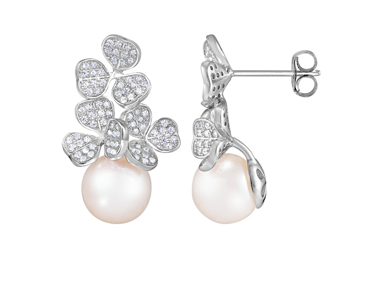 8.5-9mm White Cultured Freshwater Pearl and Cubic Zirconia Rhodium Over Sterling Silver Earrings