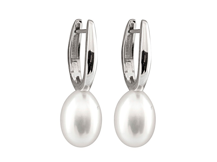 8-9mm White Cultured Freshwater Pearl Rhodium Over Sterling Silver Earrings
