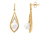 8-8.5mm Round White Freshwater Pearl with 0.17ctw Diamond 10K Yellow Gold Drop Earrings