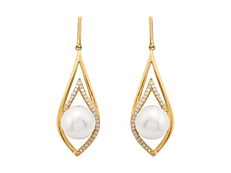8-8.5mm Round White Freshwater Pearl with 0.17ctw Diamond 10K Yellow Gold Drop Earrings