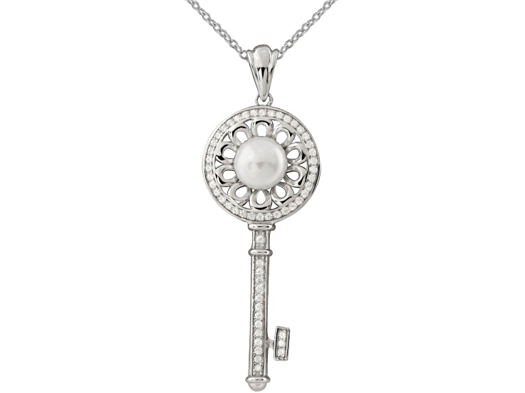7-8mm Button White Cultured Freshwater and Cubic Zirconia Pearl Rhodium Over Sterling Silver Pendant