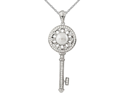 7-8mm Button White Cultured Freshwater and Cubic Zirconia Pearl Rhodium Over Sterling Silver Pendant