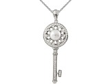 7-8mm Button White Cultured Freshwater and Cubic Zirconia Pearl Rhodium Over Sterling Silver Pendant