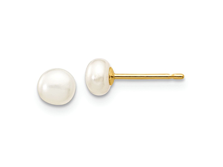 10k Yellow Gold 4-5mm White Button Freshwater Cultured Pearl Stud Earrings