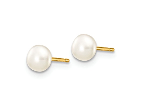 10k Yellow Gold 4-5mm White Button Freshwater Cultured Pearl Stud Earrings