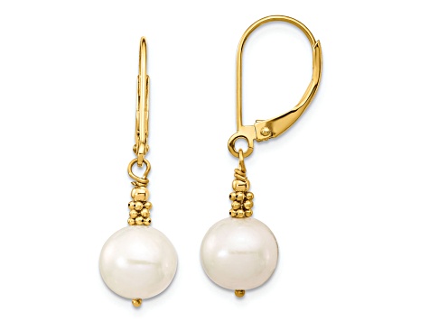 14K Yellow Gold 8-9mm Near Round White Freshwater Cultured Pearl Leverback Earrings