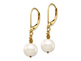 14K Yellow Gold 8-9mm Near Round White Freshwater Cultured Pearl Leverback Earrings