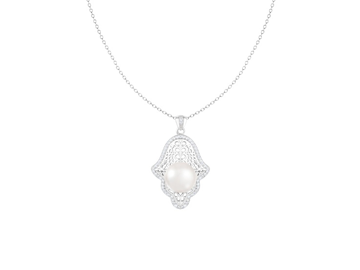 12-13mm Button White Cultured Freshwater Pearl and CZ Rhodium Over Sterling Silver Pendant