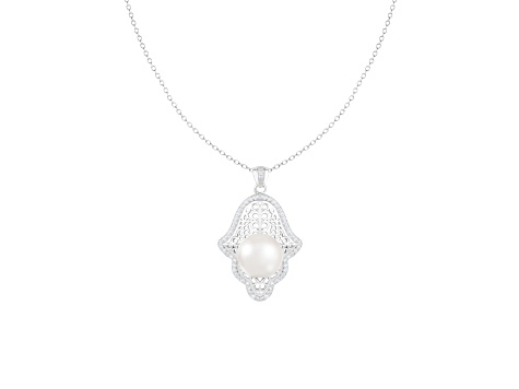 12-13mm Button White Cultured Freshwater Pearl and CZ Rhodium Over Sterling Silver Pendant