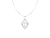 12-13mm Button White Cultured Freshwater Pearl and CZ Rhodium Over Sterling Silver Pendant