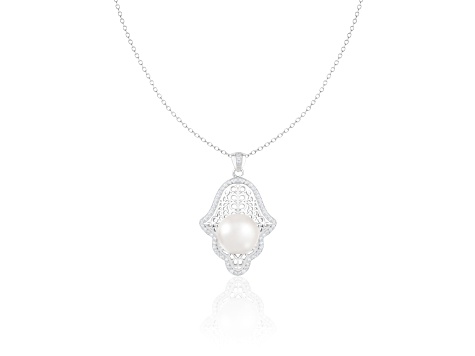 12-13mm Button White Cultured Freshwater Pearl and CZ Rhodium Over Sterling Silver Pendant