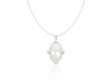 12-13mm Button White Cultured Freshwater Pearl and CZ Rhodium Over Sterling Silver Pendant