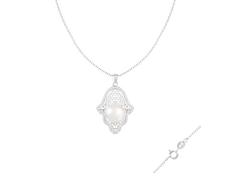 12-13mm Button White Cultured Freshwater Pearl and CZ Rhodium Over Sterling Silver Pendant