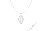 12-13mm Button White Cultured Freshwater Pearl and CZ Rhodium Over Sterling Silver Pendant