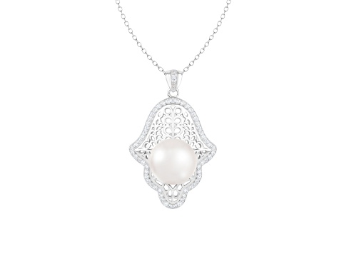 12-13mm Button White Cultured Freshwater Pearl and CZ Rhodium Over Sterling Silver Pendant