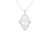 12-13mm Button White Cultured Freshwater Pearl and CZ Rhodium Over Sterling Silver Pendant