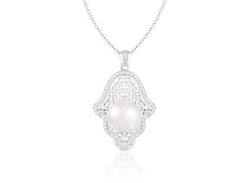 12-13mm Button White Cultured Freshwater Pearl and CZ Rhodium Over Sterling Silver Pendant