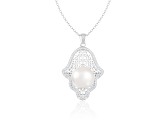 12-13mm Button White Cultured Freshwater Pearl and CZ Rhodium Over Sterling Silver Pendant