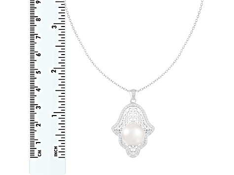 12-13mm Button White Cultured Freshwater Pearl and CZ Rhodium Over Sterling Silver Pendant