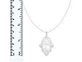 12-13mm Button White Cultured Freshwater Pearl and CZ Rhodium Over Sterling Silver Pendant