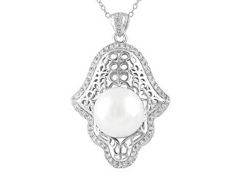 12-13mm Button White Cultured Freshwater Pearl and CZ Rhodium Over Sterling Silver Pendant