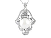 12-13mm Button White Cultured Freshwater Pearl and CZ Rhodium Over Sterling Silver Pendant