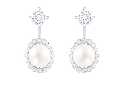 8.5-9mm White Cultured Freshwater Pearl and Cubic Zirconia Rhodium Over Sterling Silver Earrings