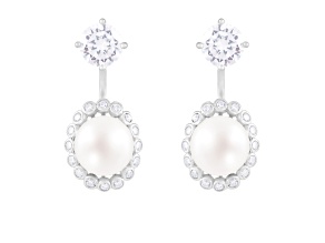 8.5-9mm White Cultured Freshwater Pearl and Cubic Zirconia Rhodium Over Sterling Silver Earrings