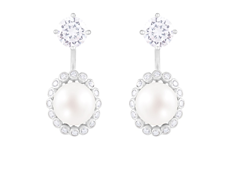 8.5-9mm White Cultured Freshwater Pearl and Cubic Zirconia Rhodium Over Sterling Silver Earrings
