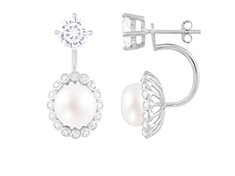 8.5-9mm White Cultured Freshwater Pearl and Cubic Zirconia Rhodium Over Sterling Silver Earrings