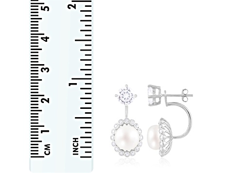 8.5-9mm White Cultured Freshwater Pearl and Cubic Zirconia Rhodium Over Sterling Silver Earrings