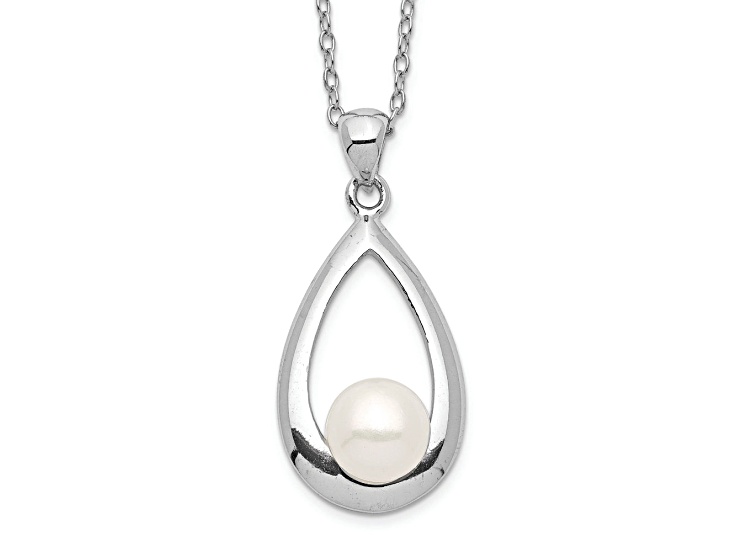 Rhodium Over Sterling Silver 6-7mm White Button Freshwater Cultured Pearl Necklace