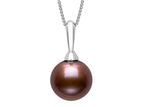 Mahogany Cultured Freshwater Pearl Rhodium Over Sterling Silver Pendant With Chain