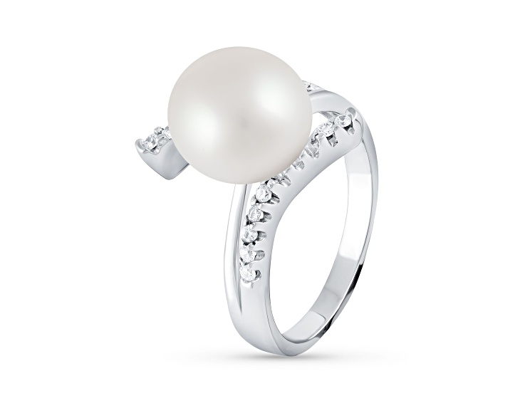 10-11mm White Button Cultured Freshwater Pearl Rhodium Over Silver Ring