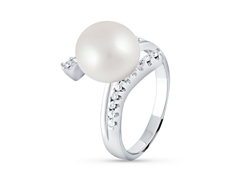 10-11mm White Button Cultured Freshwater Pearl Rhodium Over Silver Ring