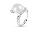 10-11mm White Button Cultured Freshwater Pearl Rhodium Over Silver Ring