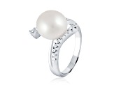 10-11mm White Button Cultured Freshwater Pearl Rhodium Over Silver Ring