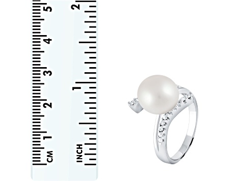 10-11mm White Button Cultured Freshwater Pearl Rhodium Over Silver Ring